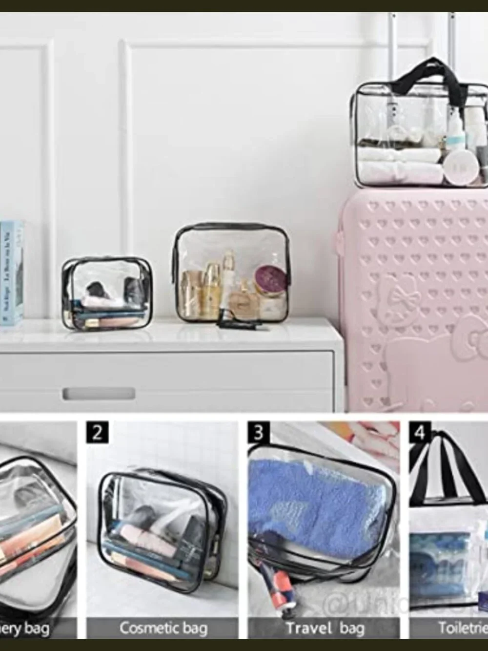 3Pc Transparent PVC Travel Toiletry Bag Set Cosmetic Makeup Organizer